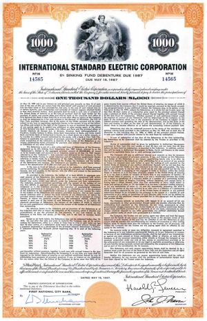 International Standard Electric Corporation - 1967 dated $1,000 Bond