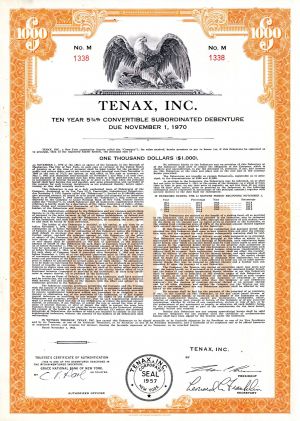 Tenax, Inc. - 1960 dated $1,000 Bond - Still in Business