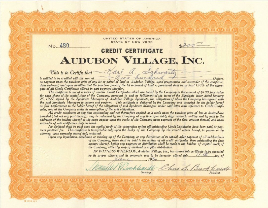 Audubon Village, Inc. - 1930 dated $200 General Bond