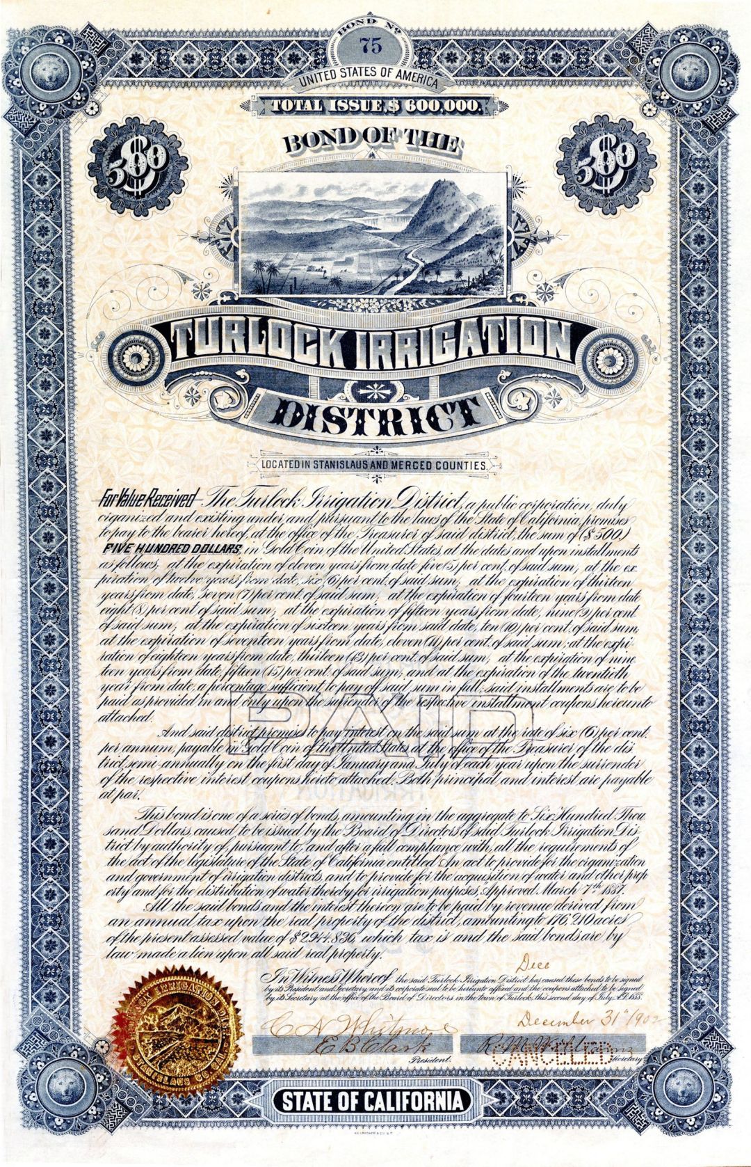 Turlock Irrigation District - 1902 dated $500 Bond