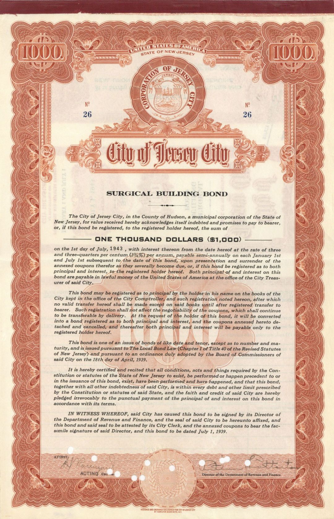 City of Jersey City - $1,000 1939 dated Bond