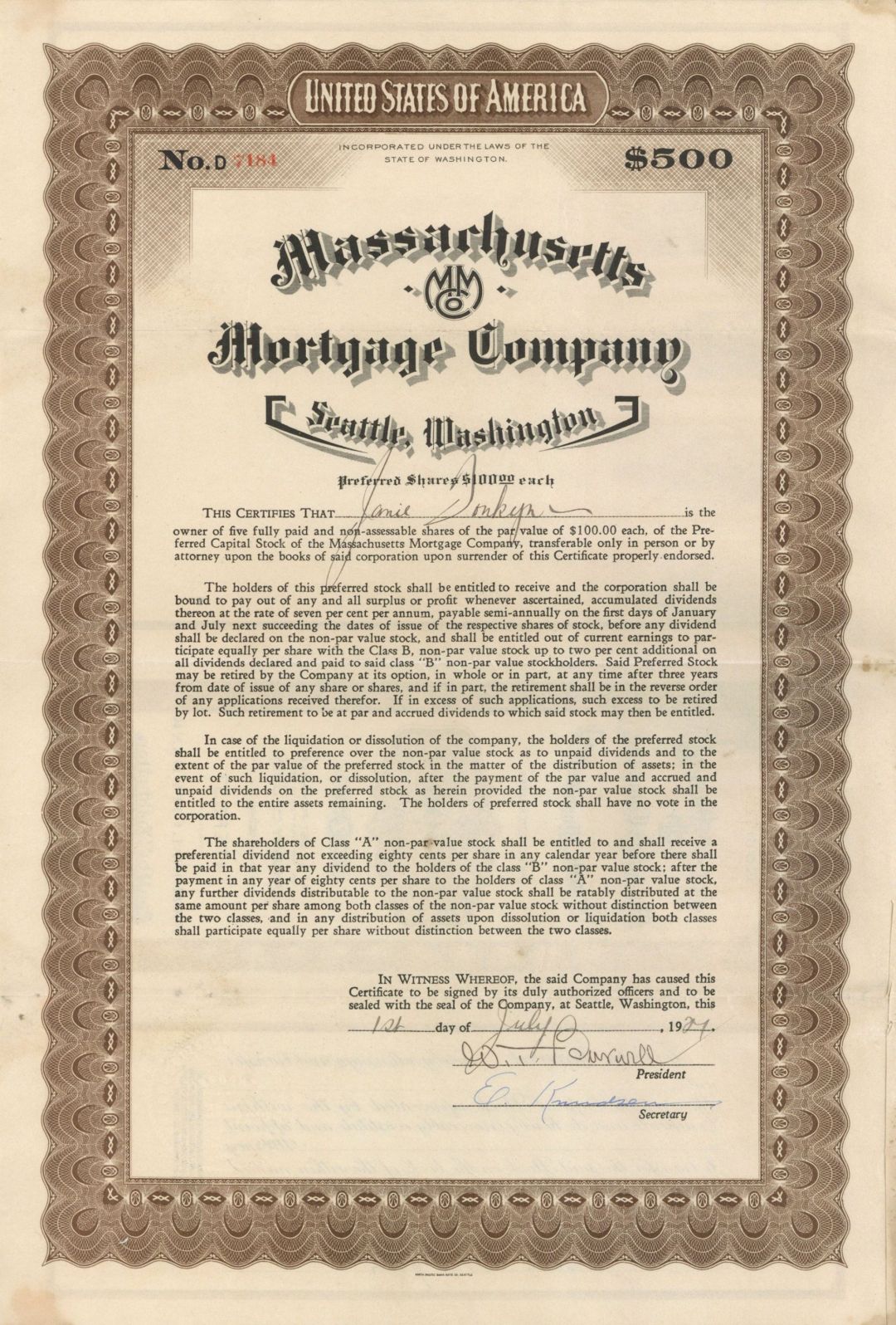 Massachusetts Mortgage Co. - 1927 dated $500 Bond