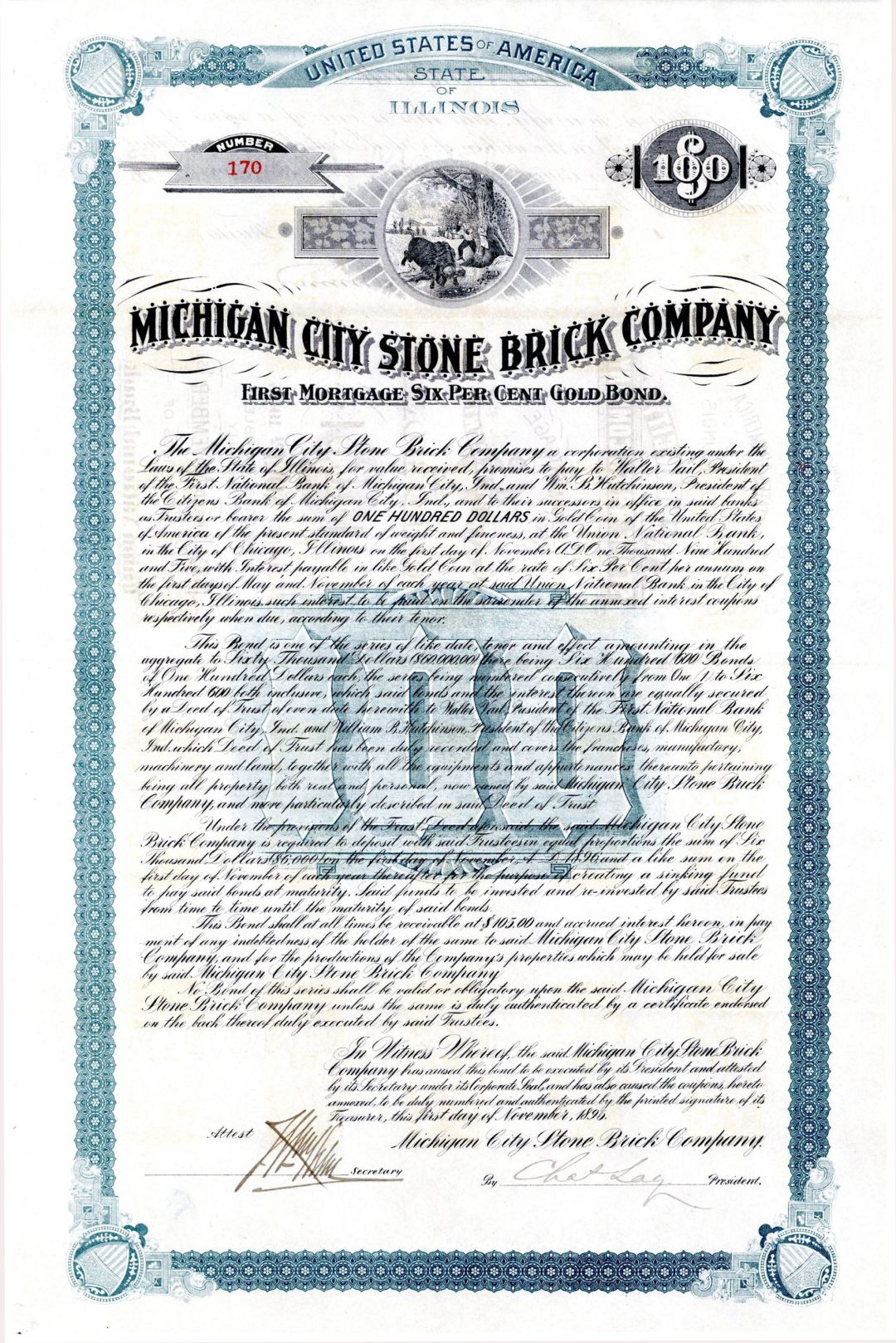 Michigan City Stone Brick Co. - 1895 dated $100 Bond