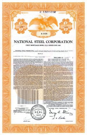 National Steel Corp. - 1973 dated $10,000 Bond