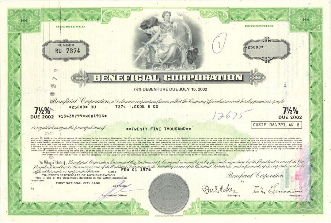 Beneficial Corp. dated 1978 - $25,000 Bond