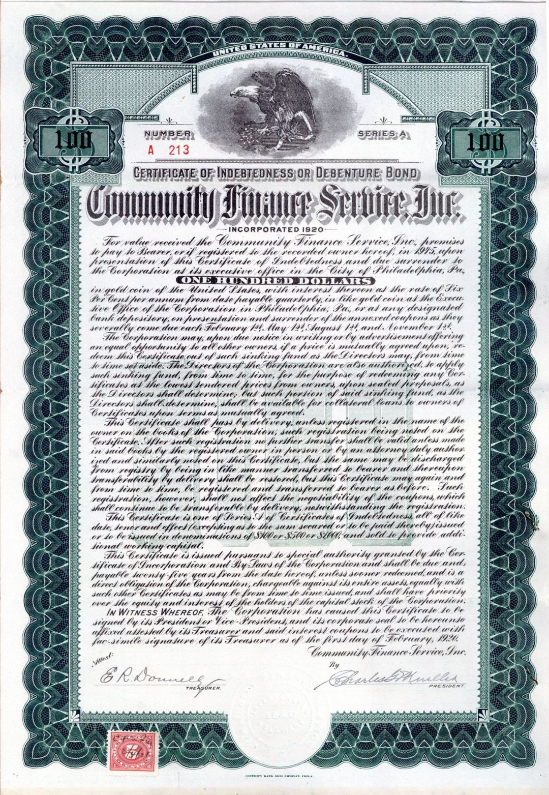 Community Finance Service, Inc. dated 1920 or 1921 - $100 Bond