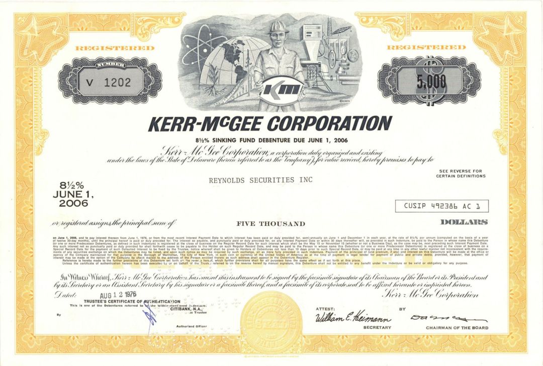 Kerr-McGee Corporation - 1976 dated $5,000 Registered Bond