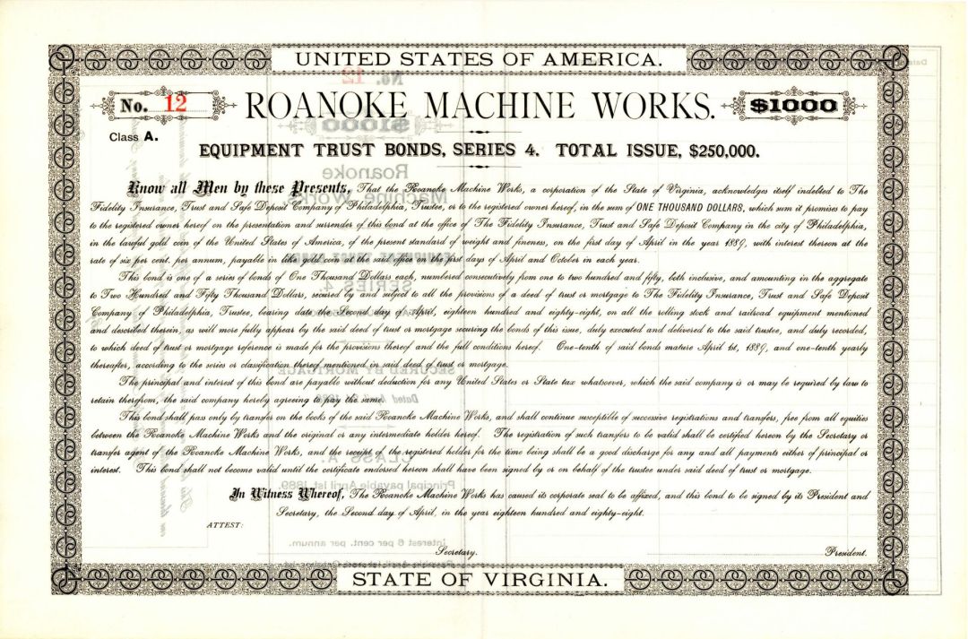 Roanoke Machine Works dated 1888 - $1,000 Bond