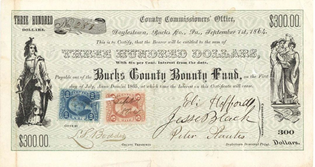 Bucks County Bounty Fund - 1864 dated $300 Bond