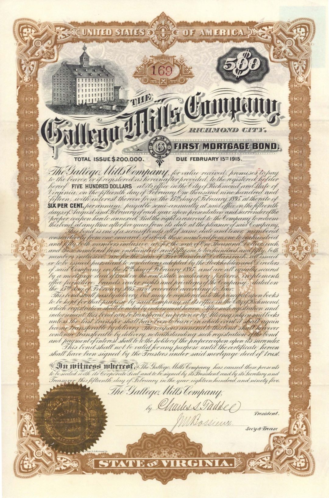 Gallego Mills Co. - Uncancelled 1895 dated $500 Bond