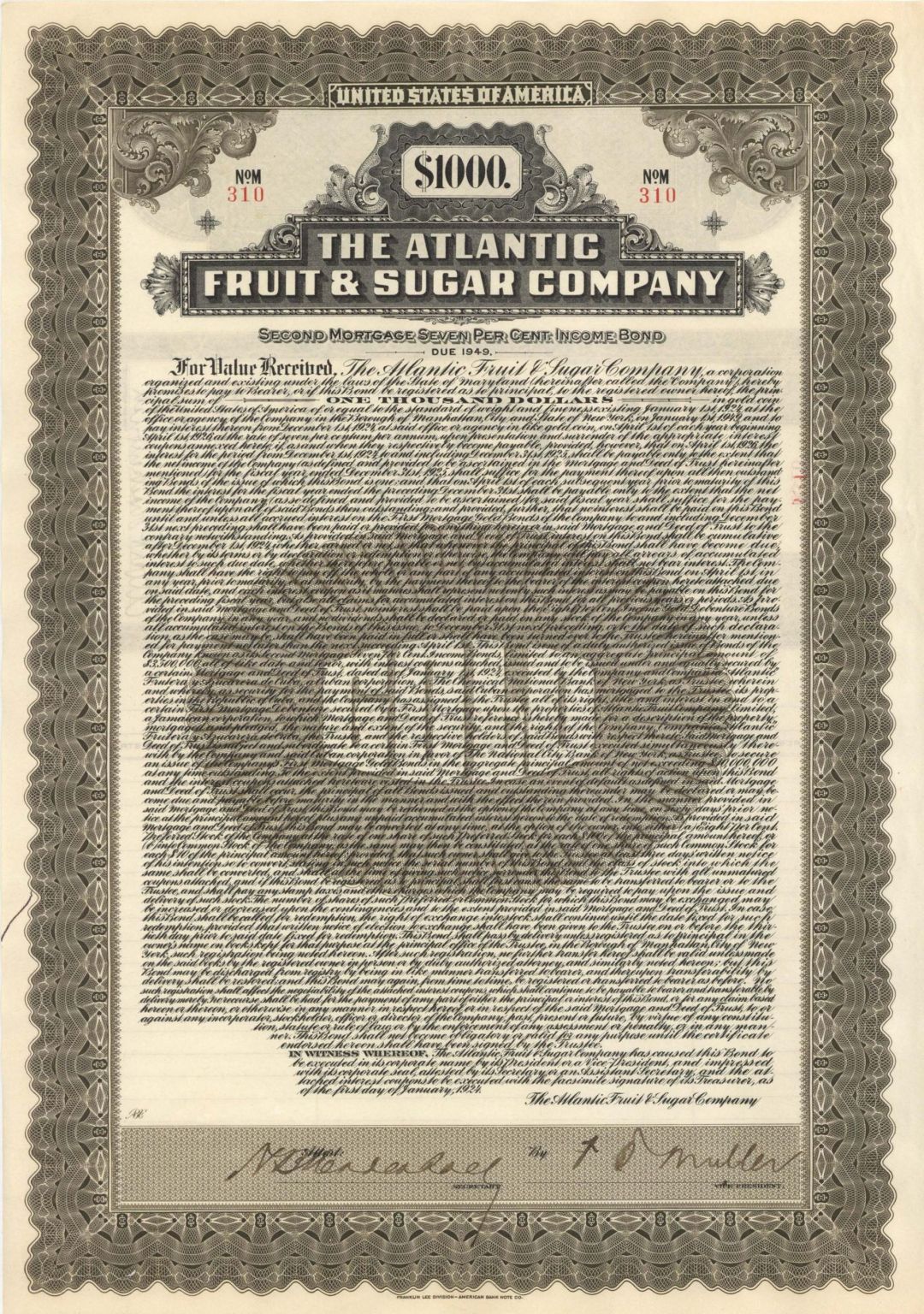 Atlantic Fruit and Sugar Co. - Uncancelled 1924 dated $1,000 Bond