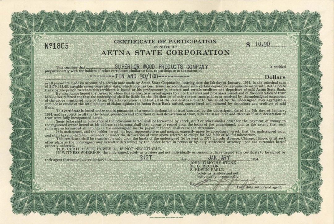 Aetna State Corp. - 1934 dated $10.90 Bond