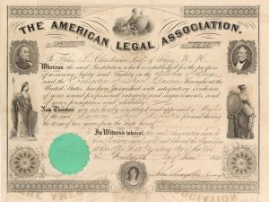 American Legal Assoc. -  1851 dated $5.00 Membership Certificate