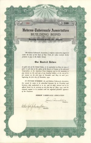 Hebrew Tabernacle Assoc. -  1930 dated $100 Building Bond