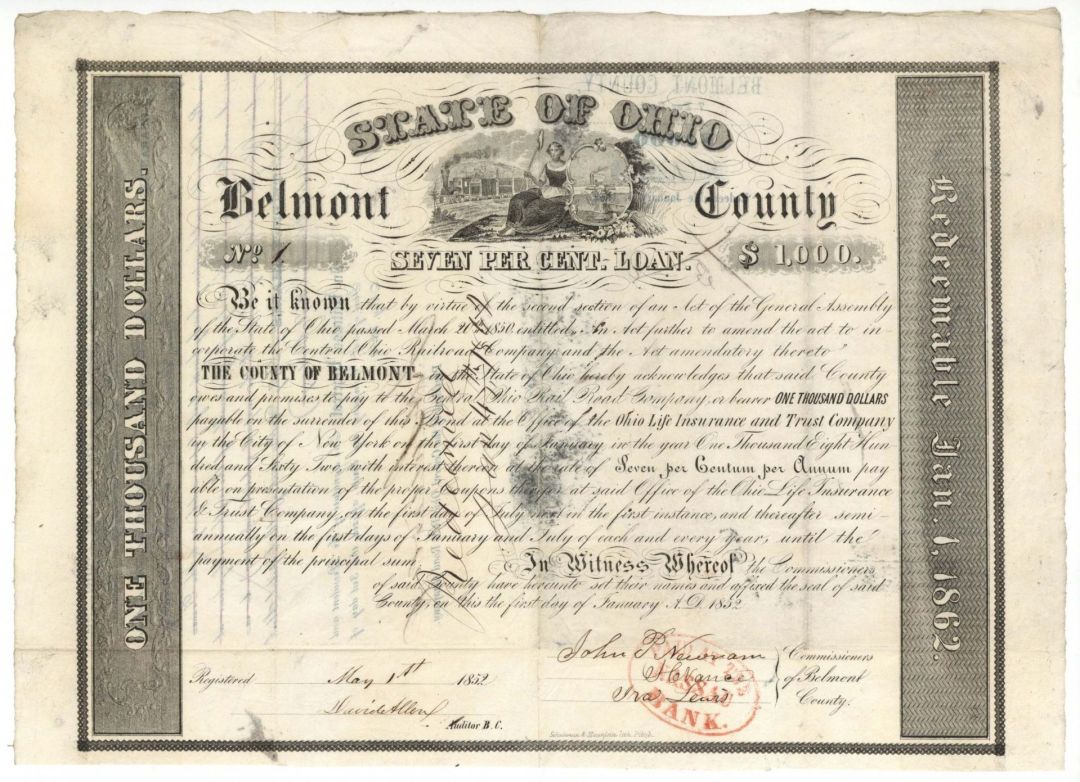 State of Ohio Belmont County -  1852 dated $1,000 Bond