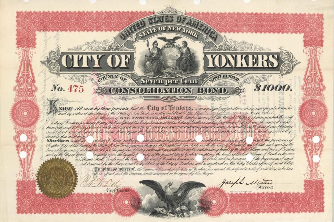 City of Yonkers Consolidated Bond - 1875 dated $1,000 Bond