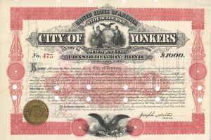 City of Yonkers Consolidated Bond - 1875 dated $1,000 Bond