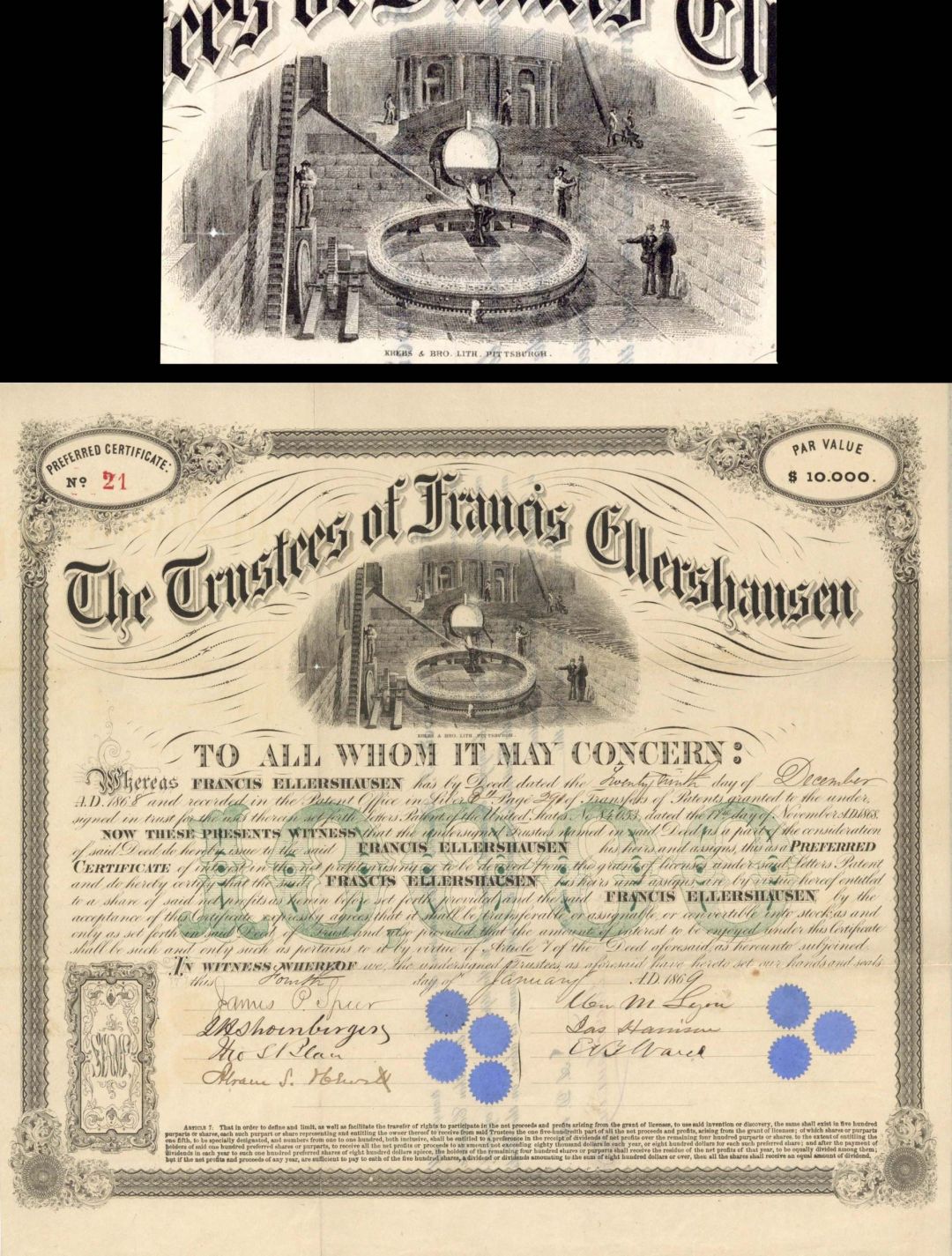 Trustees of Francis Ellershausen - 1868/69 dated $10,000 Bond