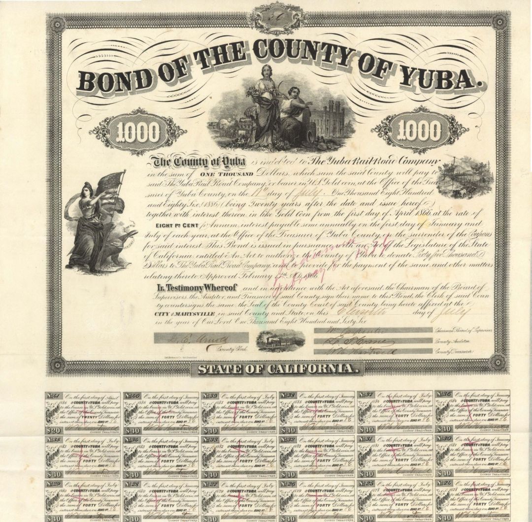 Bond of the County of Yuba - $1,000 Bond dated 1866