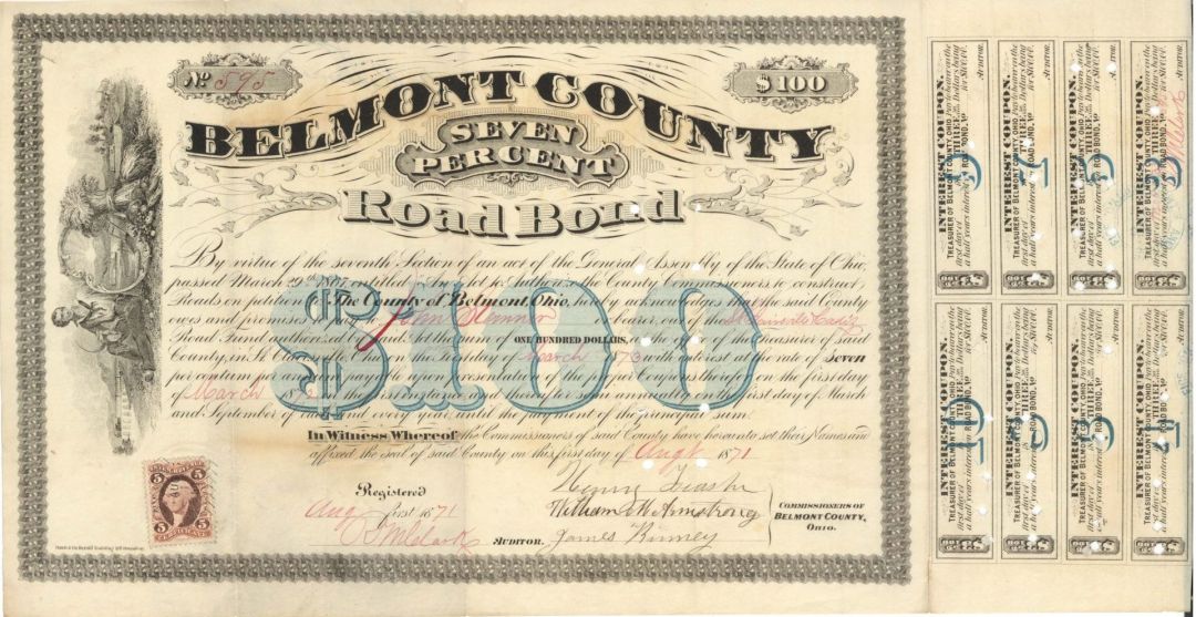  Belmont County Road Bond -  1871 dated $100 Bond