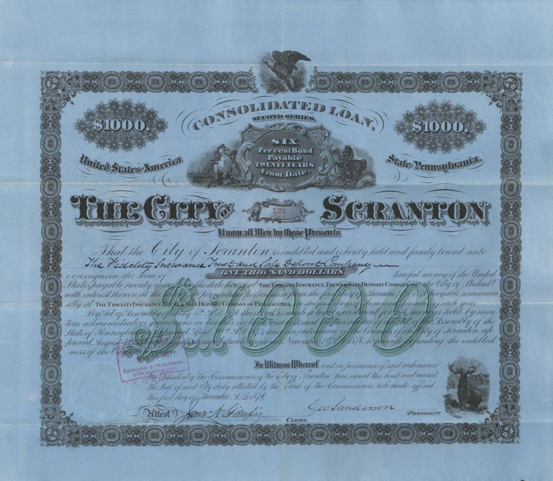 City of Scranton -  1876 dated $1,000 Bond