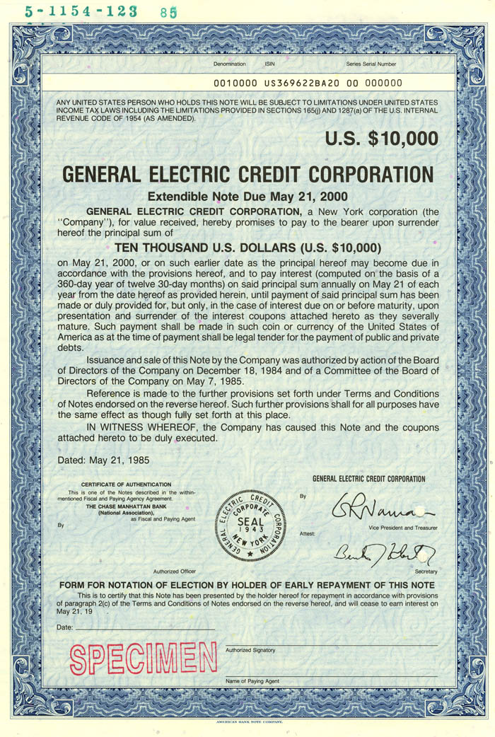 General Electric Credit Corporation - GE - 1985 dated Specimen Bond