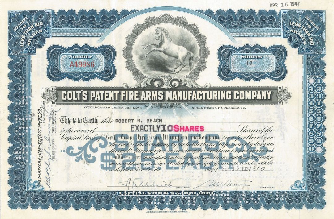 Colt's Patent Fire Arms Manufacturing Company - 1920's dated Gun Stock Certificate - Blue Color - Rare Type