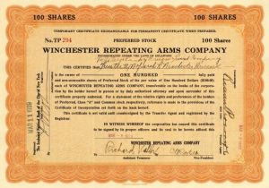 Winchester Repeating Arms Co. issued to Wells Fargo Bank and Union Trust Co., Trustee under the will of Sarah Lockwood Winchester as Deceased -  Gun Stock Certificate