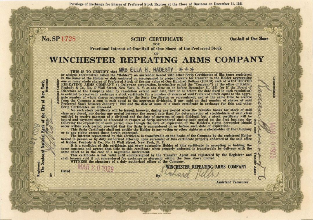 Winchester Repeating Arms Co. - 1929 dated Gun Stock Certificate