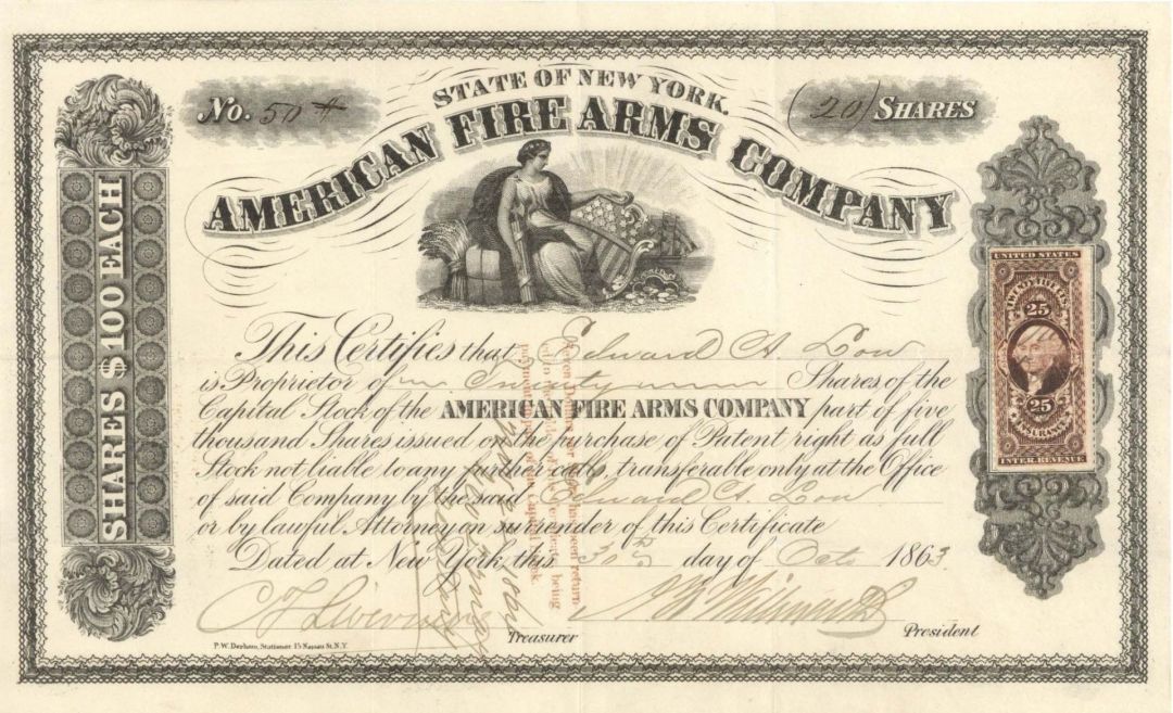 American Fire Arms Co. - 1863 dated Stock Certificate