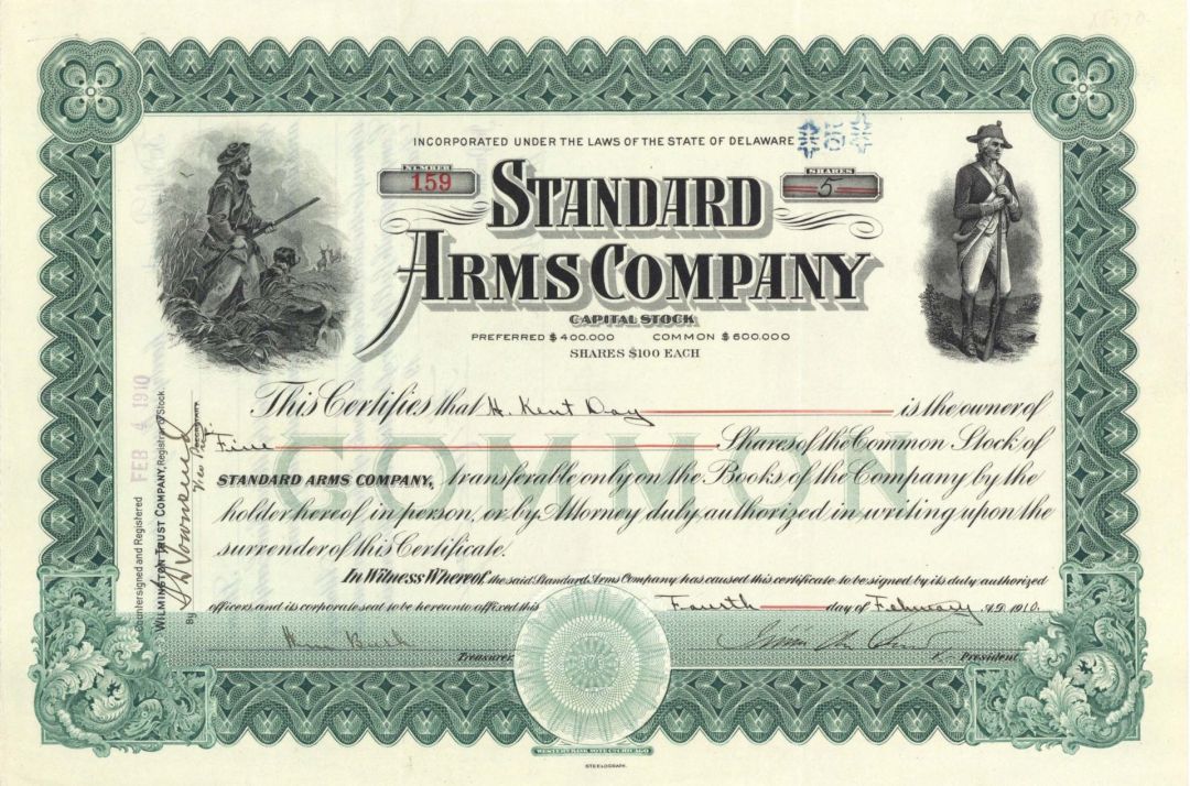 Standard Arms Co. - 1910 dated Stock Certificate