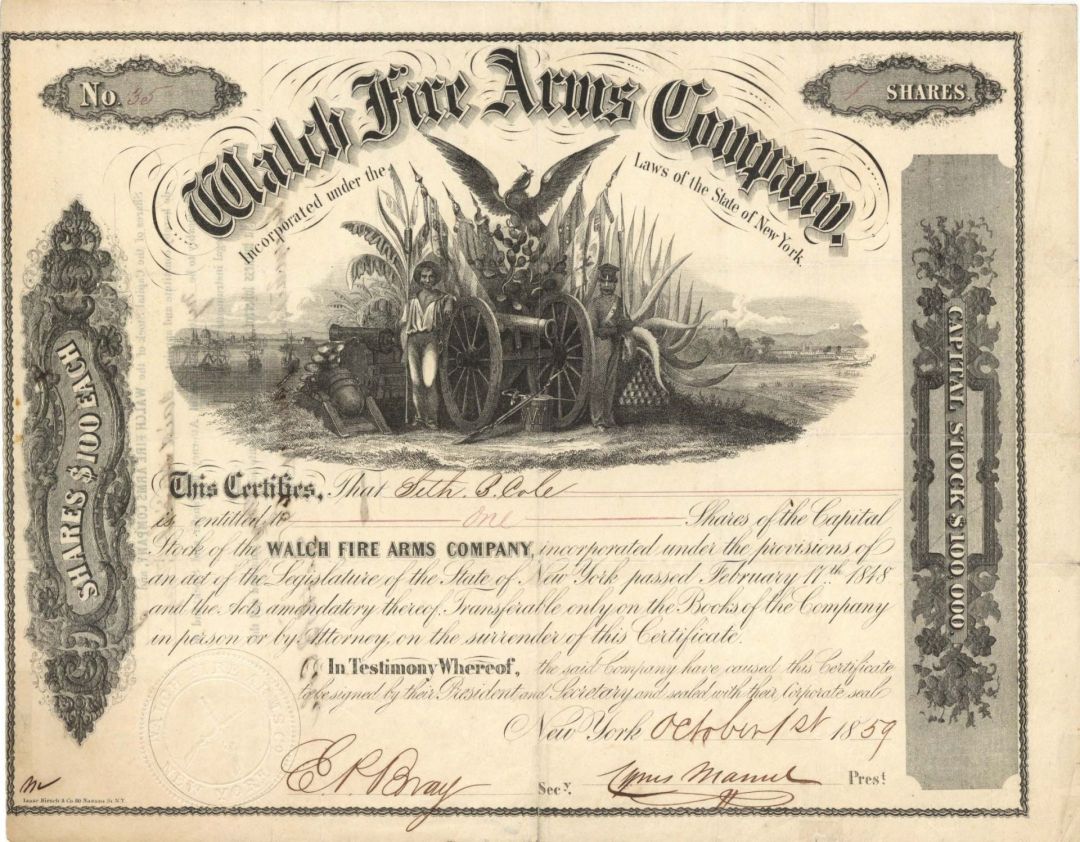 Walch Fire Arms Co. - 1859 dated Stock Certificate