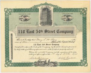 118 East 54th Street Company - 1910-20's dated New York City Stock Certificate