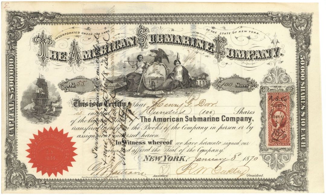 American Submarine Co - 1870's dated Gorgeous Nautical Stock Certificate