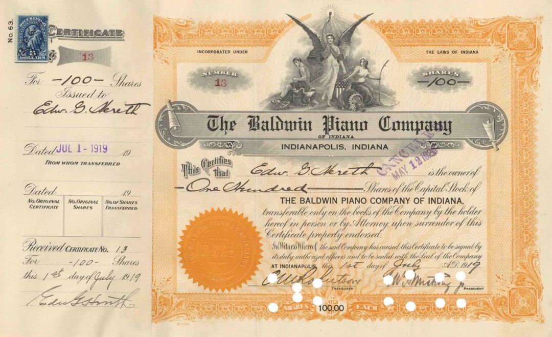 Baldwin Piano Co. of Indiana - Indiana Musical Stock Certificate