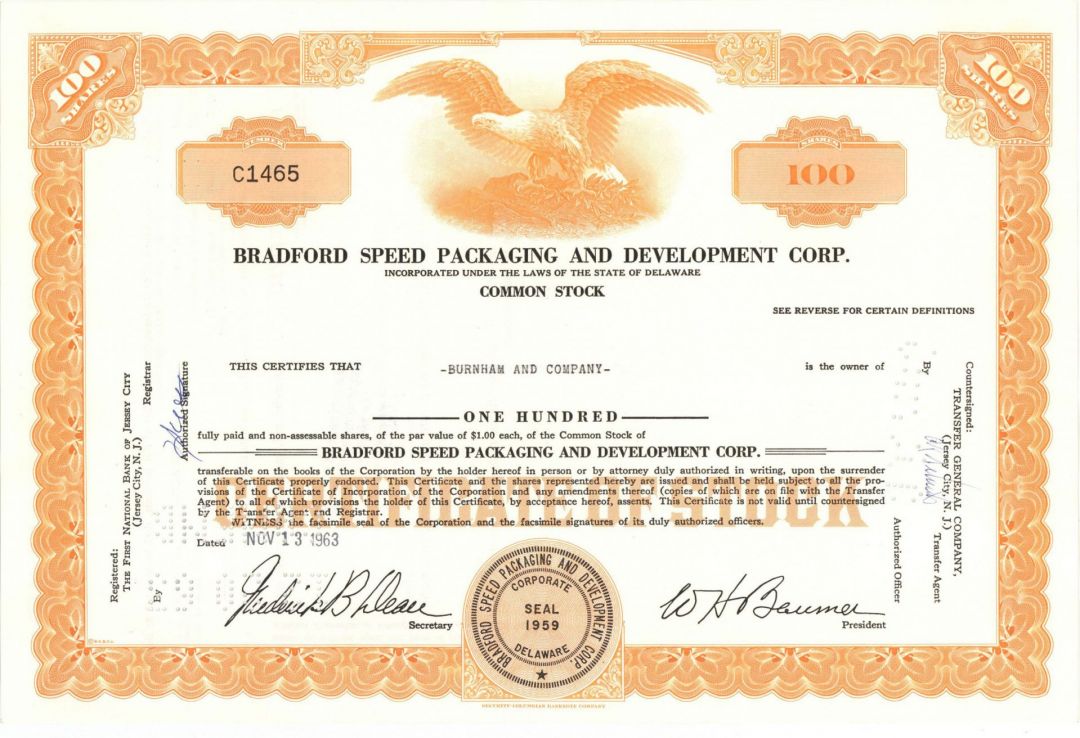 Bradford Speed Packaging and Development Corp. - Stock Certificate