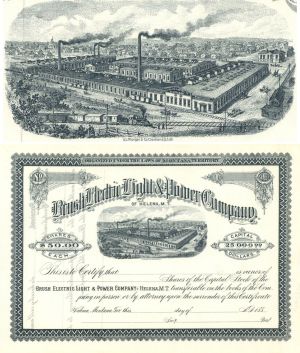 Brush Electric Light and Power Co of Helena, Montana - Charles Francis Brush Related - 1880's dated Utilities Stock Certificate