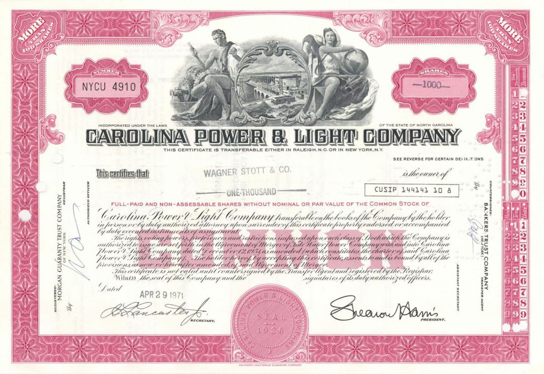 Carolina Power and Light Co. - 1960's-70's dated North Carolina Utility Stock Certificate