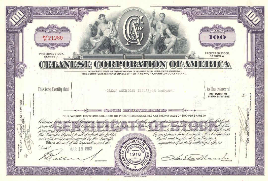 Celanese Corporation of America - Technology Stock Certificate