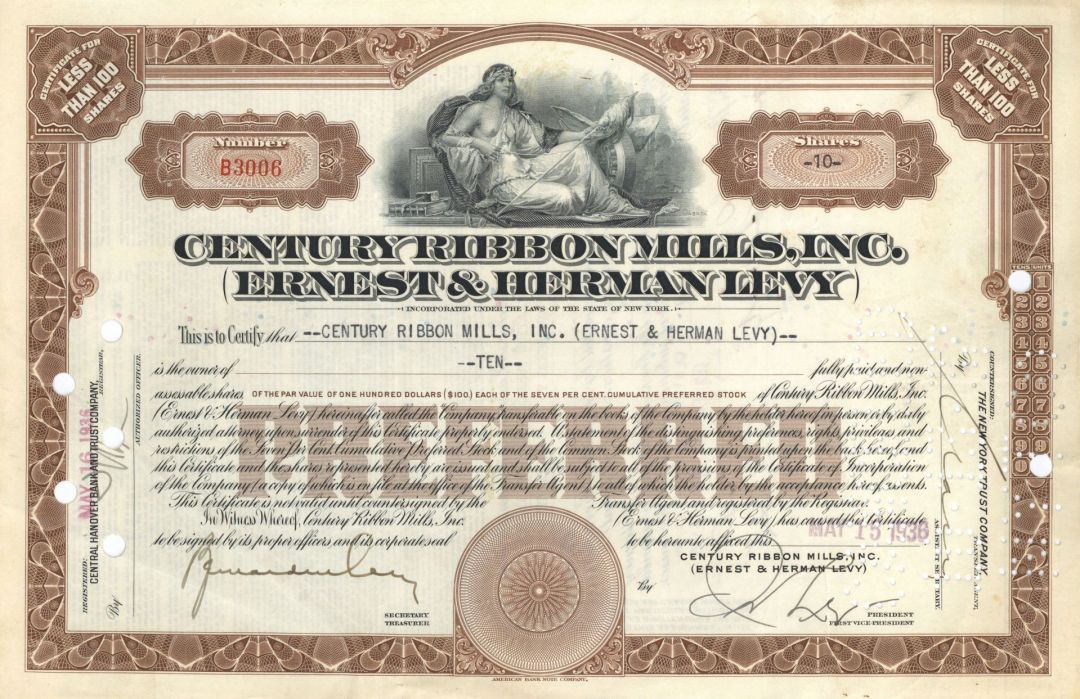 Century Ribbon Mills, Inc. (Ernest & Herman Levy) - 1930's dated Stock Certificate - Produced and Sold Silk Ribbon