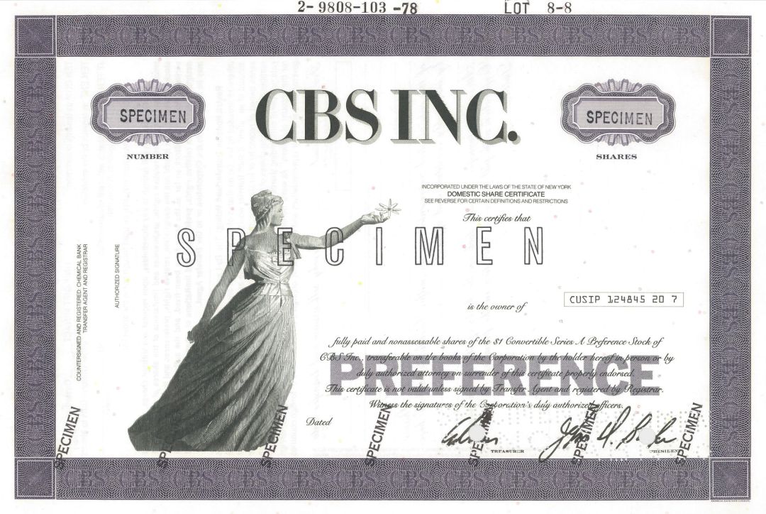 CBS Inc. - Known as Columbia Broadcasting System, Inc. - Specimen Stock Certificate