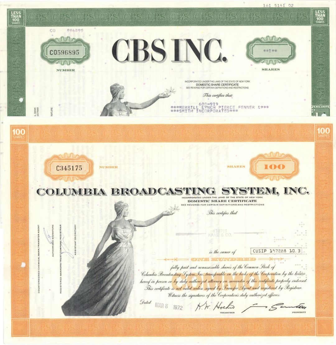Pair of Columbia Broadcasting System, Inc (Called CBS) Stock Certificates - dated 1960's-70's of Two Types of the Infamous Broadcasting Co. - Television