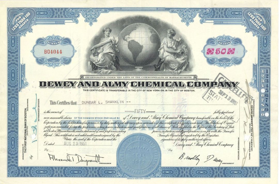 Dewey and Almy Chemical Co. dated 1950's - Stock Certificate