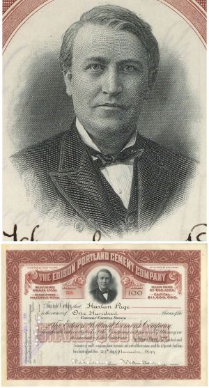 Edison Portland Cement Co - Brown Type - 1900's-20's dated New Jersey Stock Certificate with Beautiful Vignette of Thomas Alva Edison