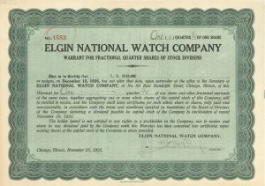 Elgin National Watch Co. - 1925 dated Timepiece Stock Certificate - Watch Maker from 1864 to 1968