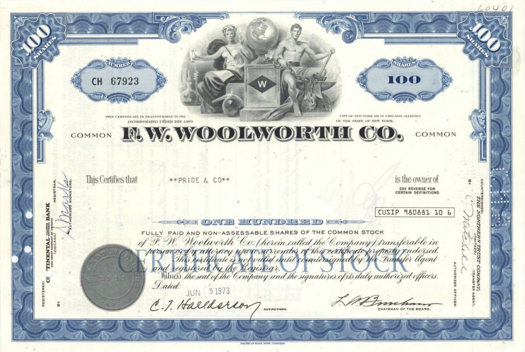 F.W. Woolworth Co. - 1960's-70's dated New York Stock Certificate - Woolworth's Famous Department Store