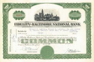 Fidelity-Baltimore National Bank - 1950's-60's dated Banking Stock Certificate