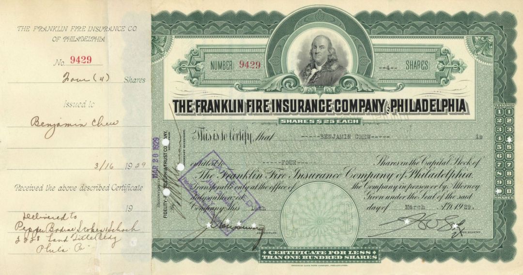 Franklin Fire Insurance Co of Philadelphia - Stock Certificate