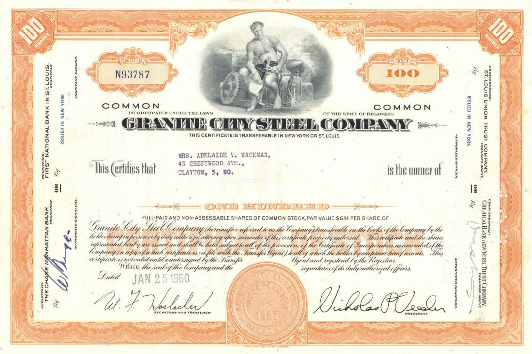 Granite City Steel Co. - Steel Manufacturing Stock Certificate