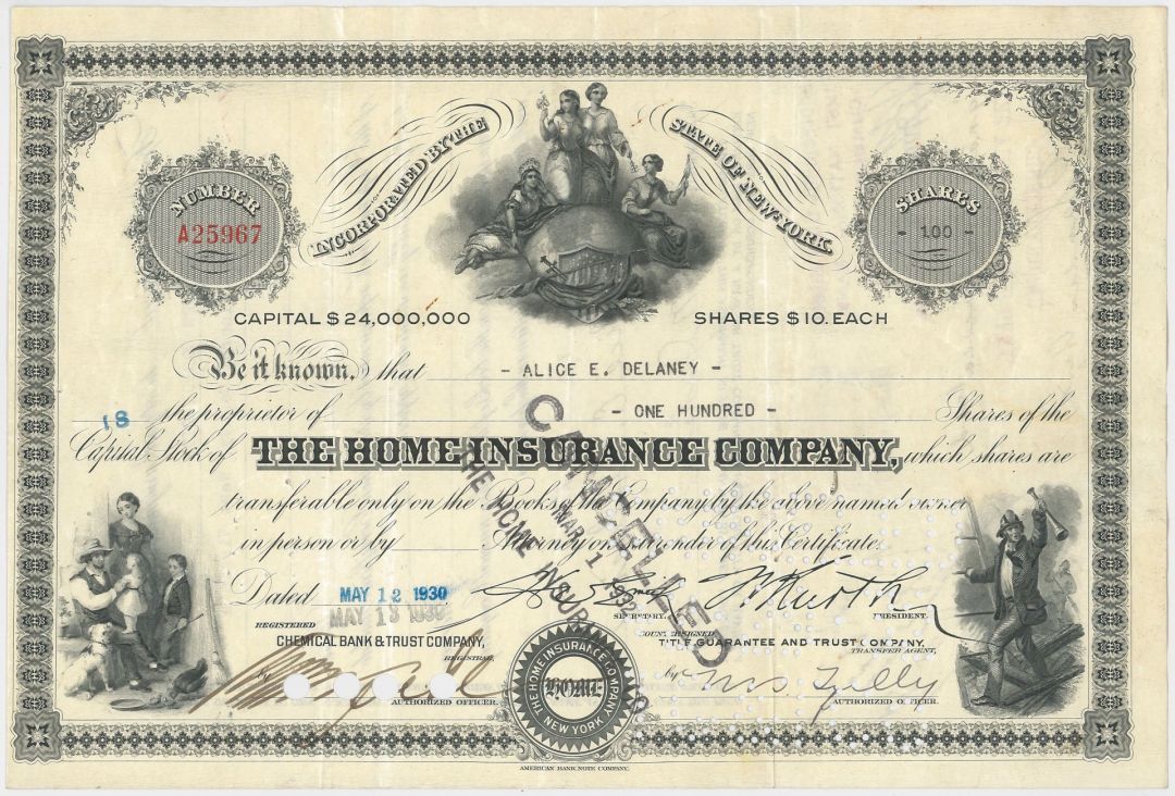 Home Insurance Company - 1930's dated Insurance Stock Certificate